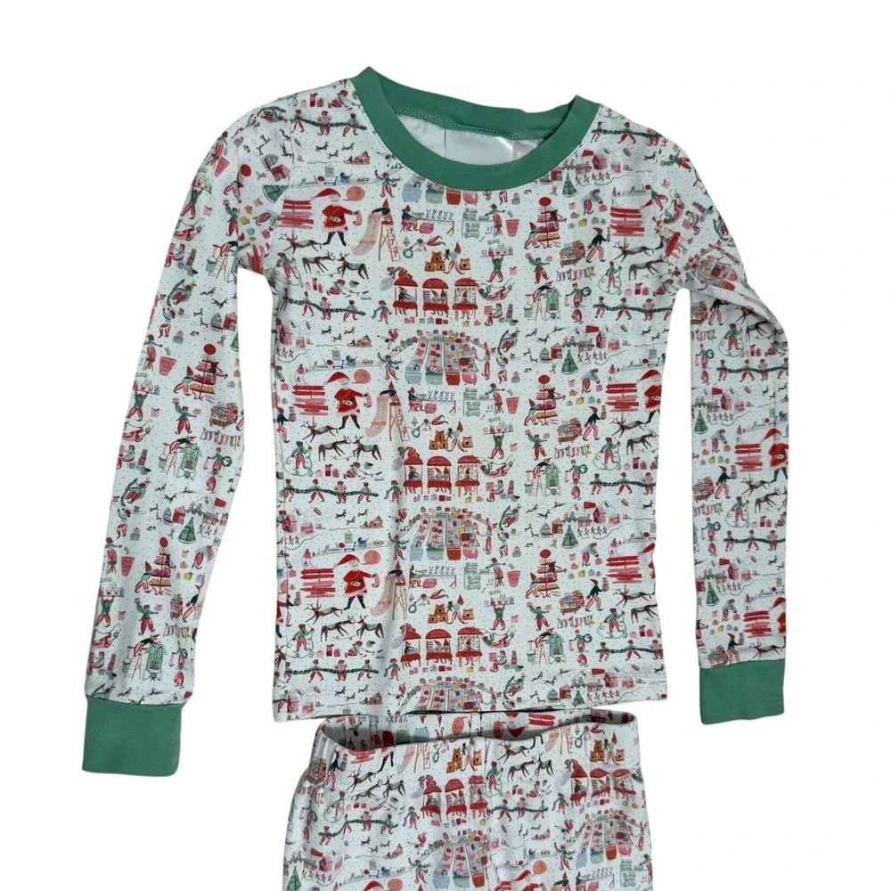 LAKE Pajamas Kids Size 7 Christmas Village Pima Cotton Long Sleeve PJ Set Green